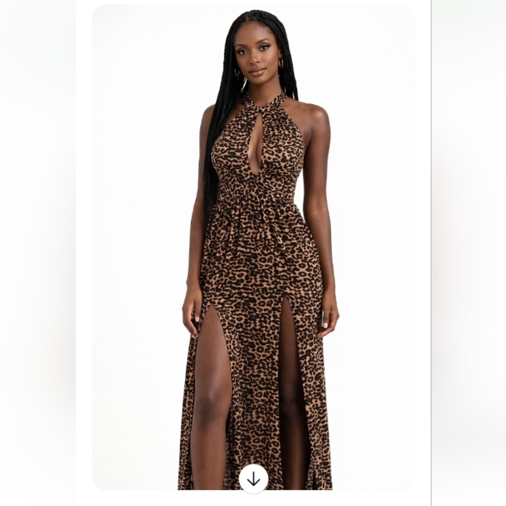 Tic Toc Leopard Print Backless Dress Small,Peekaboo Keyhole Front & Dual Slits